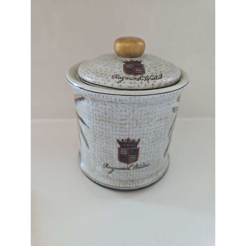 Raymond Waites Decorative Porcelain Palm Tree Crest Canister Jar with Lid